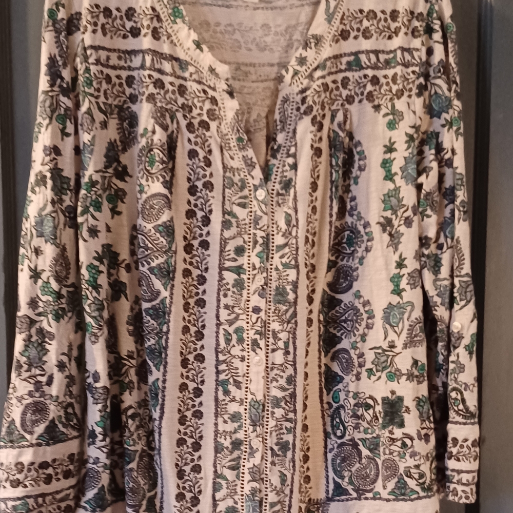 Style & Co. Cream Blouse with Teal and Brown Floral Print
